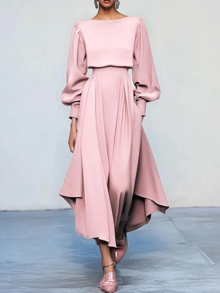 Lantem Long Sleeve Ruffles Long Dress Woman Elegant Solid O Neck A-Line Party Dress New Casual High Waist Commute Dresses