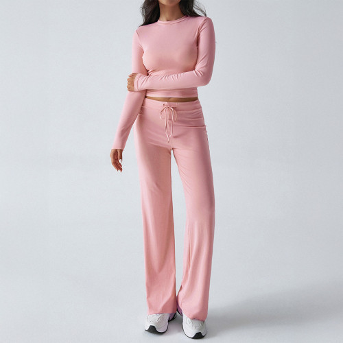 Women's Two-Piece Sports Set – Long Sleeve T-Shirt & Solid Color Trousers for Yoga & Casual Wear 🏃‍♀️