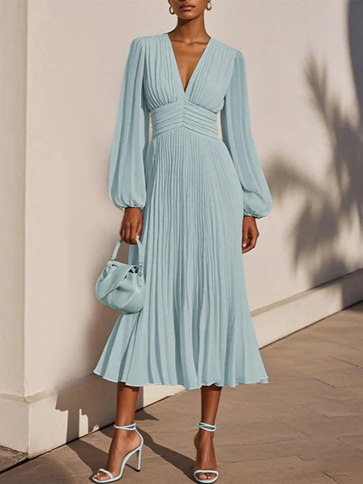 Chic Pleated Dress Chiffon V-neck Women Long Sleeve Casual Loose Female Ladies Dress