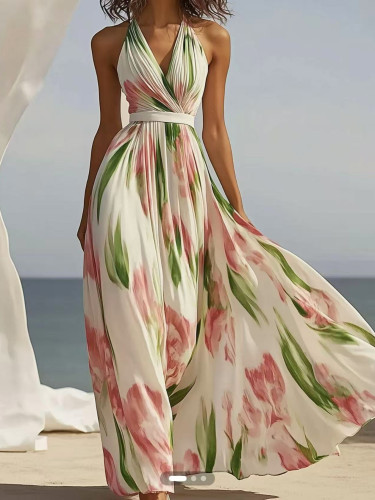 Elegant Sexy Sleeveless V-neck Long Dress Fashion High Waist Sashes Print Women Dress Summer Holiday A-Line Pleated Halter Dress