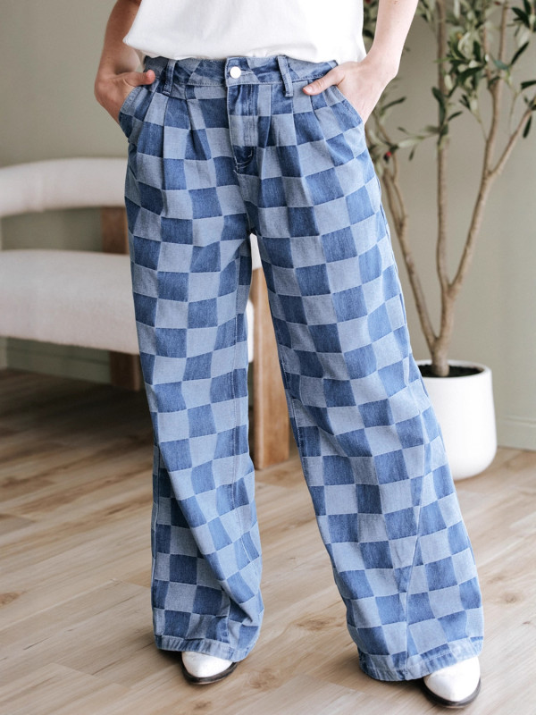 Checkerboard Patchwork Wide-Leg Jeans 💫 | Women’s Trendy Baggy Street Style Pants