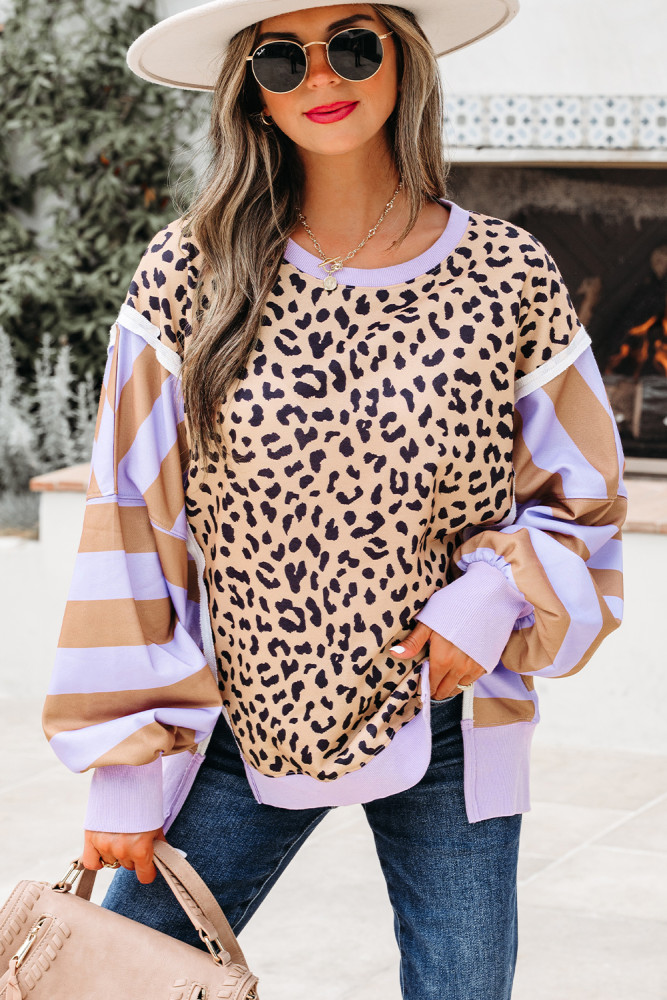 Leopard & Stripe Color-Block Sweatshirt 🐆 | Casual Chic Slit Pullover
