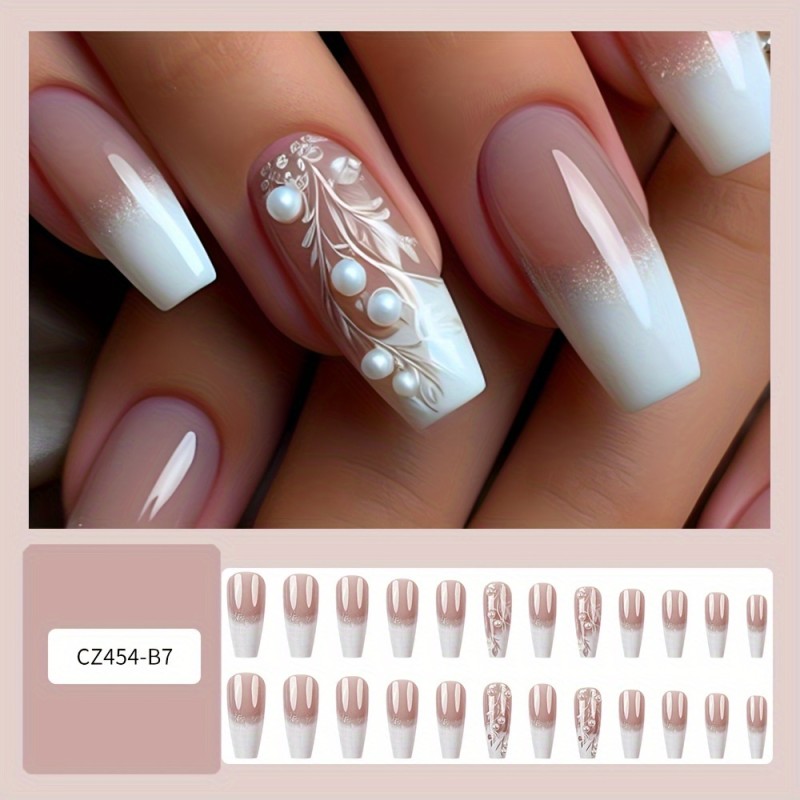 Pink Gradient Floral Coffin Nails 🌸 | Glossy Long Press-On Set with Rhinestones