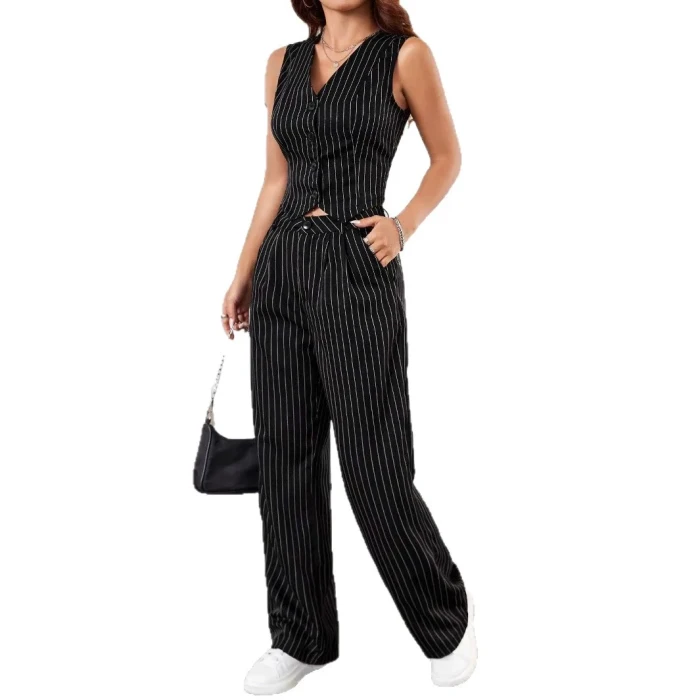 Retro Striped Two-Piece Set 🌸 | Elegant V-Neck Blazer & Pants Outfit