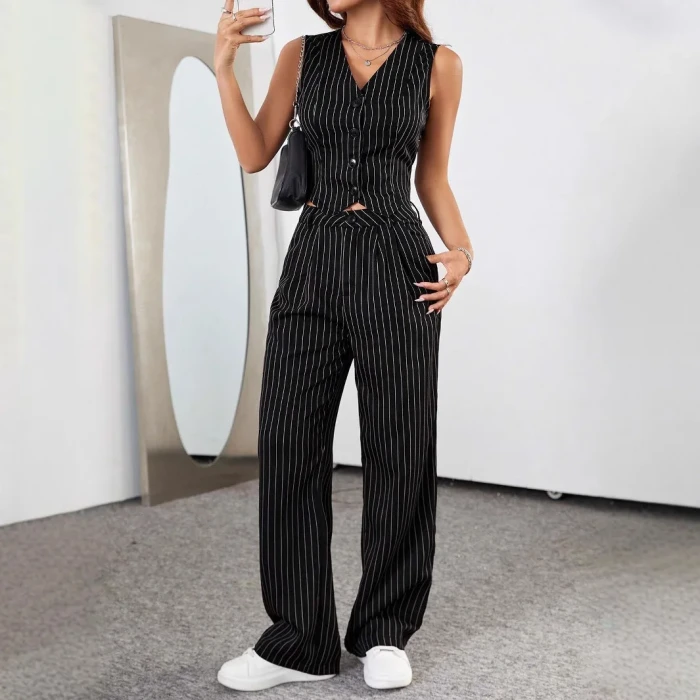 Retro Striped Two-Piece Set 🌸 | Elegant V-Neck Blazer & Pants Outfit