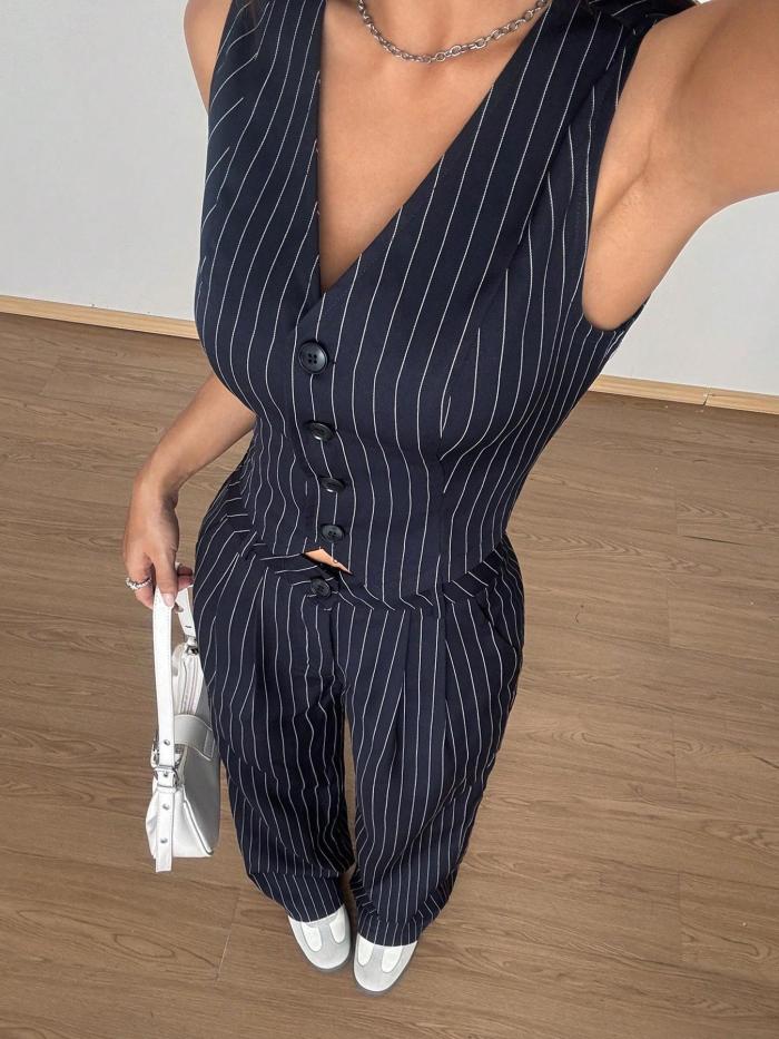 Retro Striped Two-Piece Set 🌸 | Elegant V-Neck Blazer & Pants Outfit