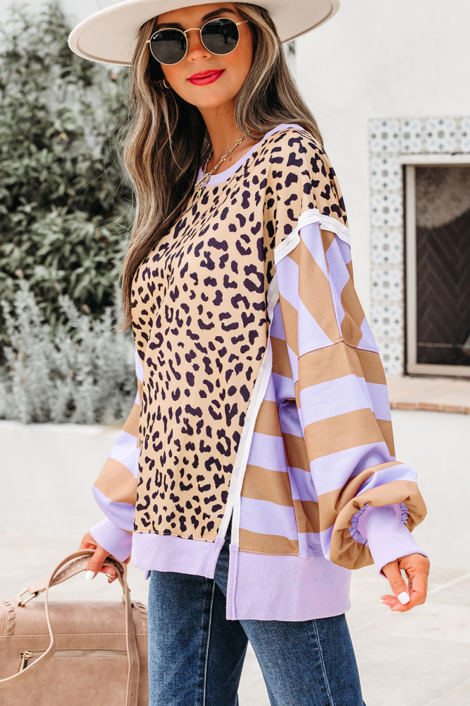 Leopard & Stripe Color-Block Sweatshirt 🐆 | Casual Chic Slit Pullover