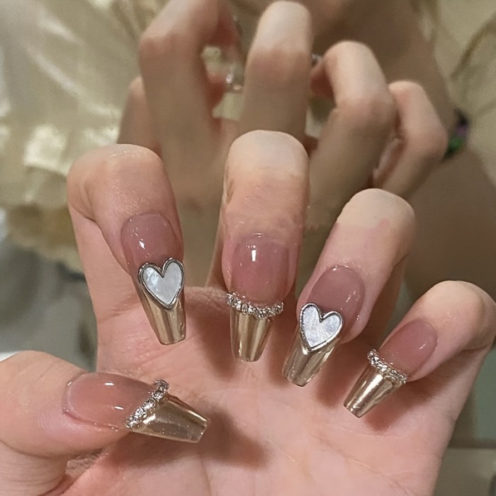 Pink Glossy Ballet Square Press-On Nails 💗 | 48pcs Long Full-Cover Set with 3D Hearts & Rhinestones