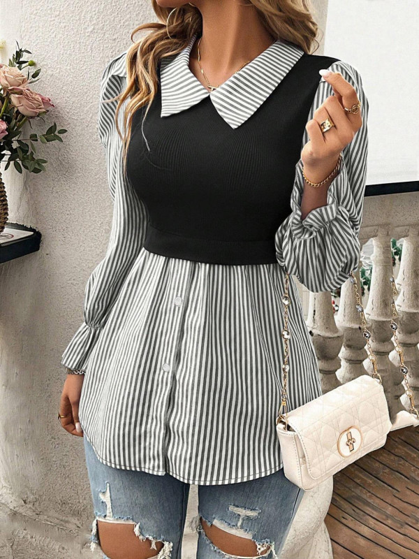 Colorblock Stripe Patchwork Blouse 🌼 | Autumn Fake Two-Piece Loose Top
