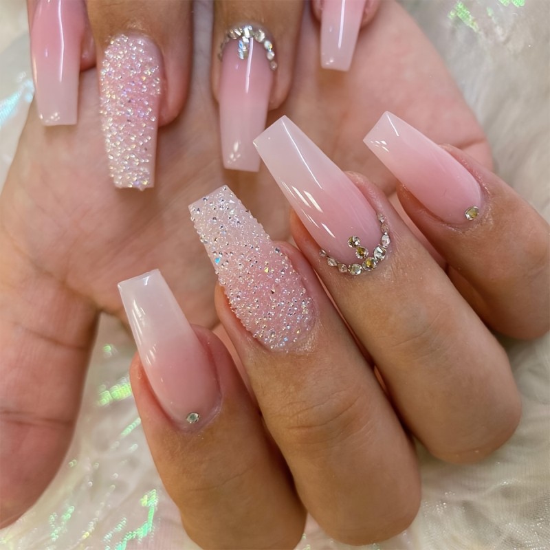 Pink & White Gradient Ballet Nails 💗 | Glossy Long Press-On Set with Sparkle Design