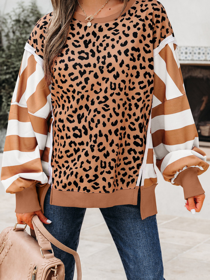 Leopard & Stripe Color-Block Sweatshirt 🐆 | Casual Chic Slit Pullover