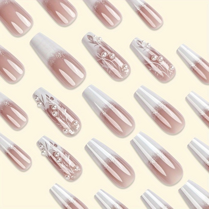 Pink Gradient Floral Coffin Nails 🌸 | Glossy Long Press-On Set with Rhinestones