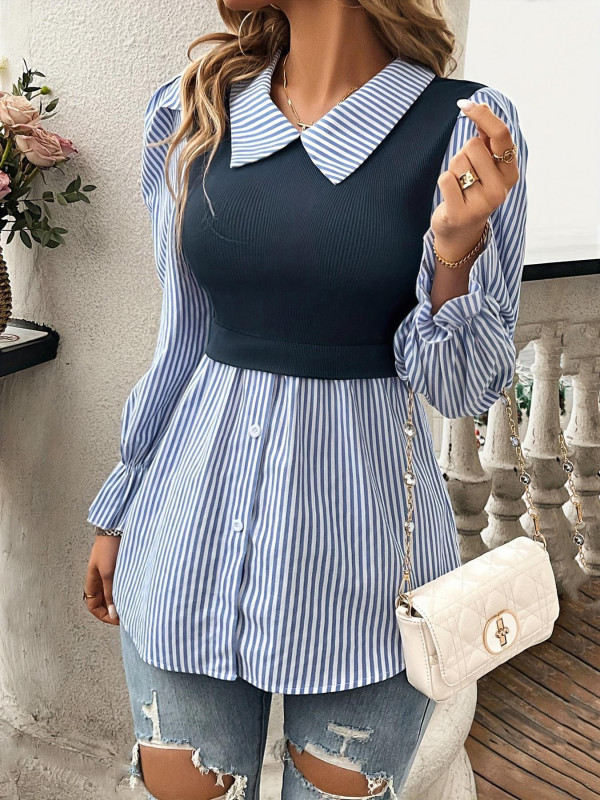 Colorblock Stripe Patchwork Blouse 🌼 | Autumn Fake Two-Piece Loose Top