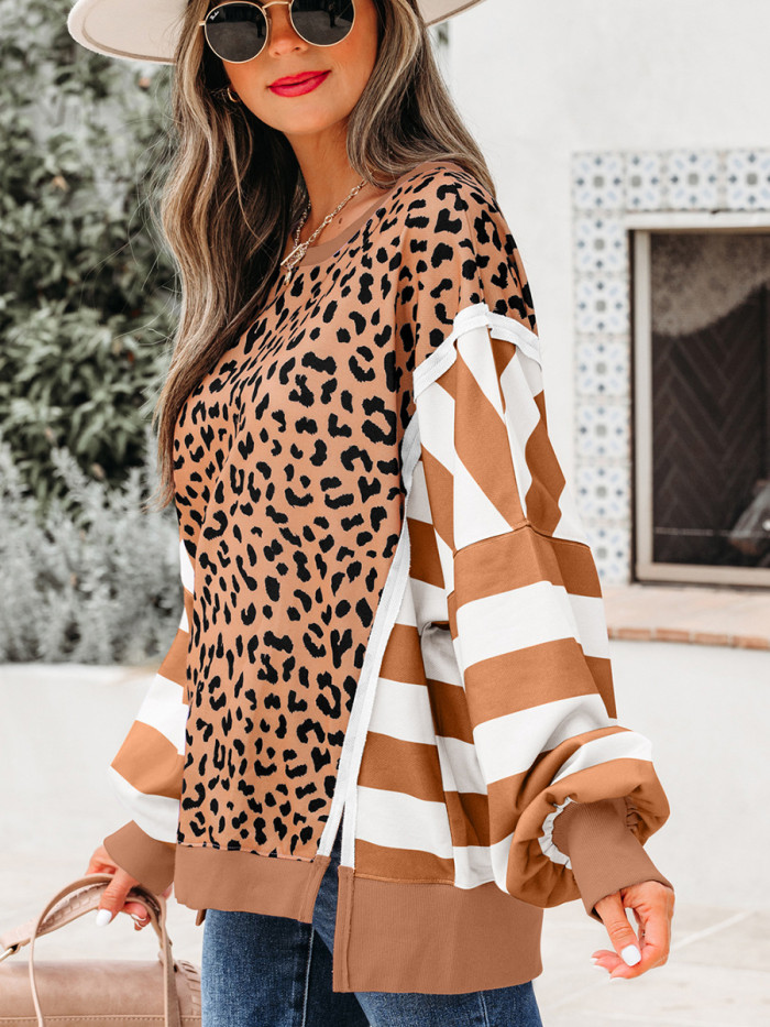Leopard & Stripe Color-Block Sweatshirt 🐆 | Casual Chic Slit Pullover