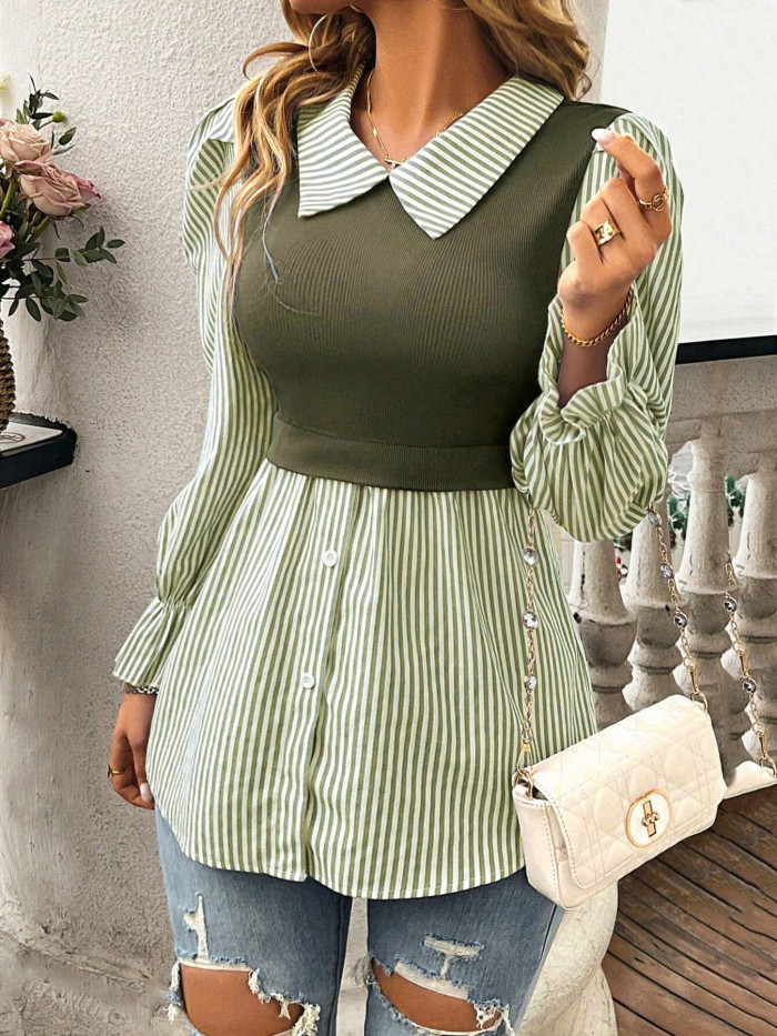 Colorblock Stripe Patchwork Blouse 🌼 | Autumn Fake Two-Piece Loose Top