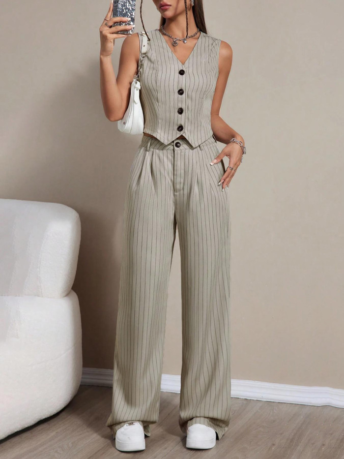 Retro Striped Two-Piece Set 🌸 | Elegant V-Neck Blazer & Pants Outfit