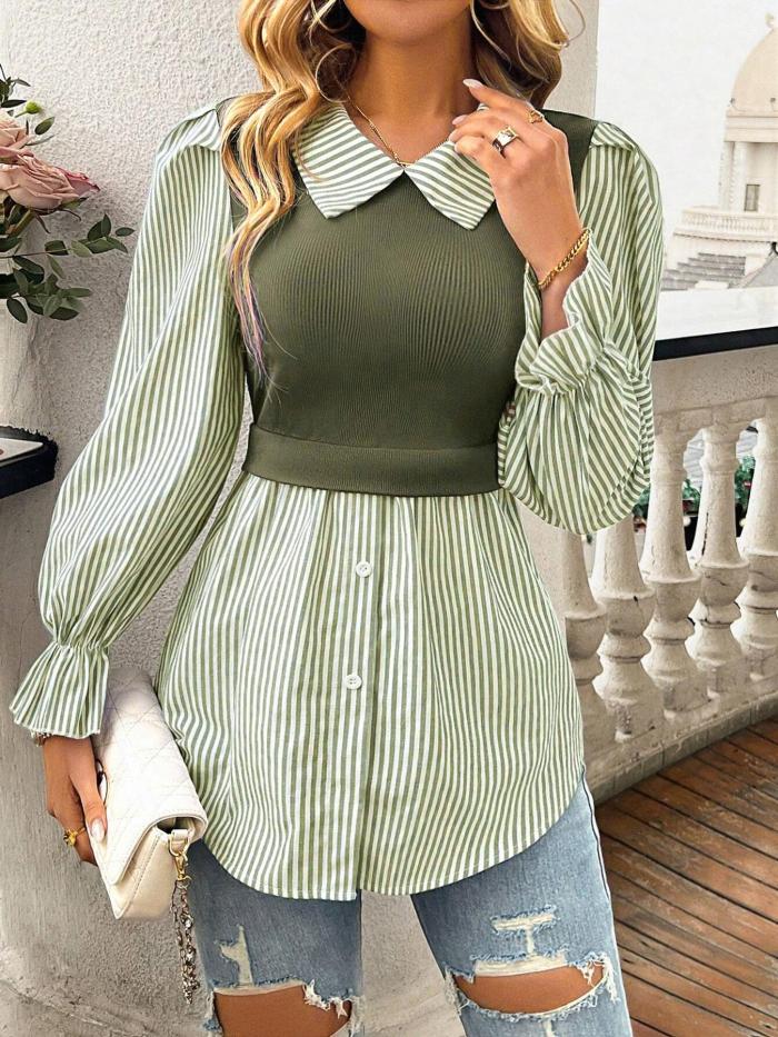 Colorblock Stripe Patchwork Blouse 🌼 | Autumn Fake Two-Piece Loose Top