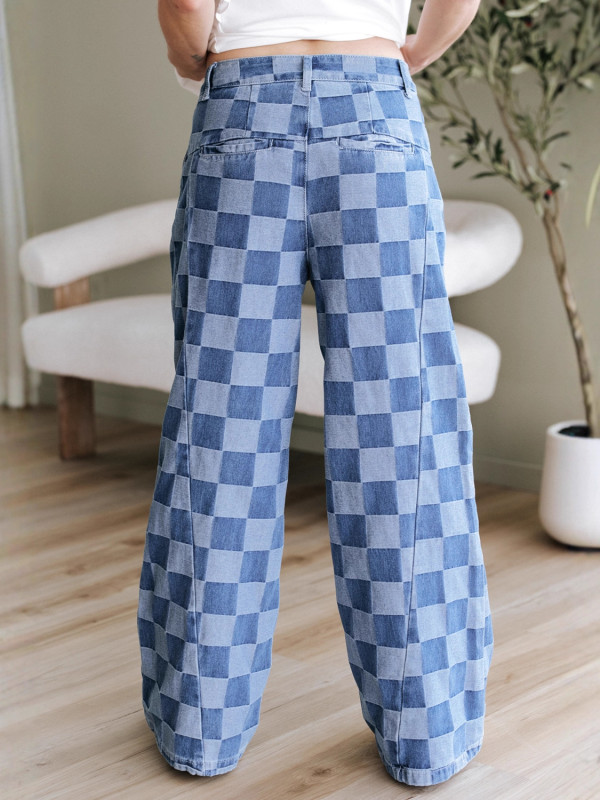 Checkerboard Patchwork Wide-Leg Jeans 💫 | Women’s Trendy Baggy Street Style Pants