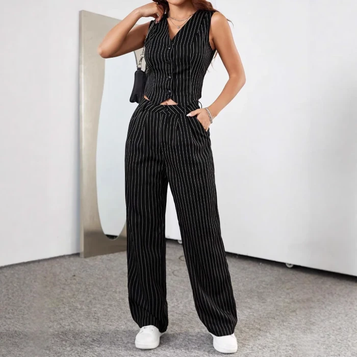 Retro Striped Two-Piece Set 🌸 | Elegant V-Neck Blazer & Pants Outfit