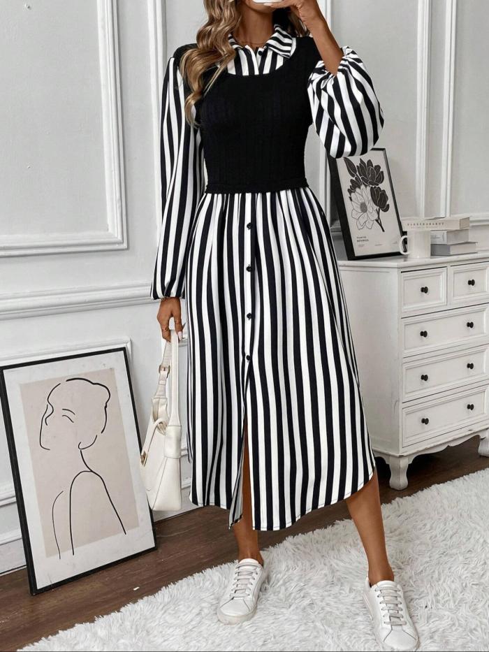 Striped Shirt Dress 💫 | Chic Fake Two-Piece Slim Fit Outfit for Women