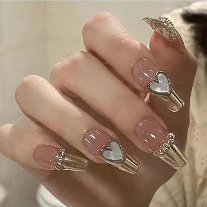 Pink Glossy Ballet Square Press-On Nails 💗 | 48pcs Long Full-Cover Set with 3D Hearts & Rhinestones