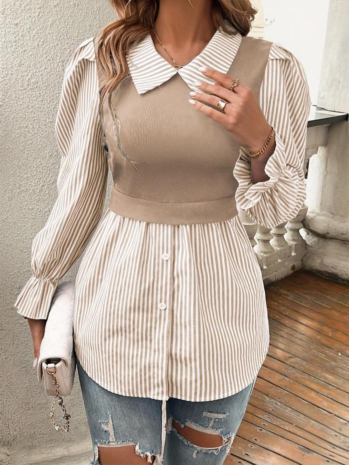 Colorblock Stripe Patchwork Blouse 🌼 | Autumn Fake Two-Piece Loose Top