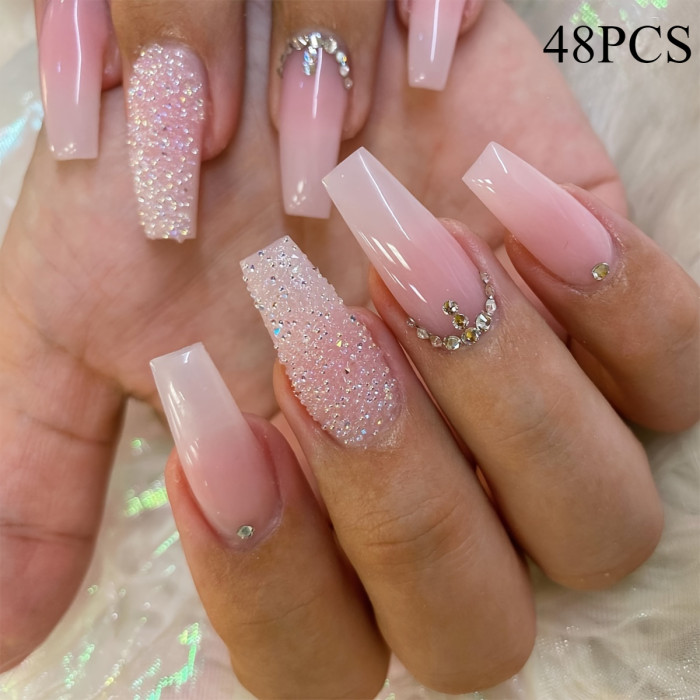 Pink & White Gradient Ballet Nails 💗 | Glossy Long Press-On Set with Sparkle Design