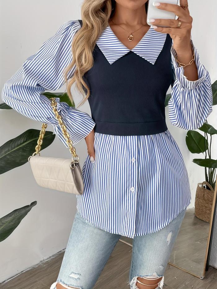 Colorblock Stripe Patchwork Blouse 🌼 | Autumn Fake Two-Piece Loose Top