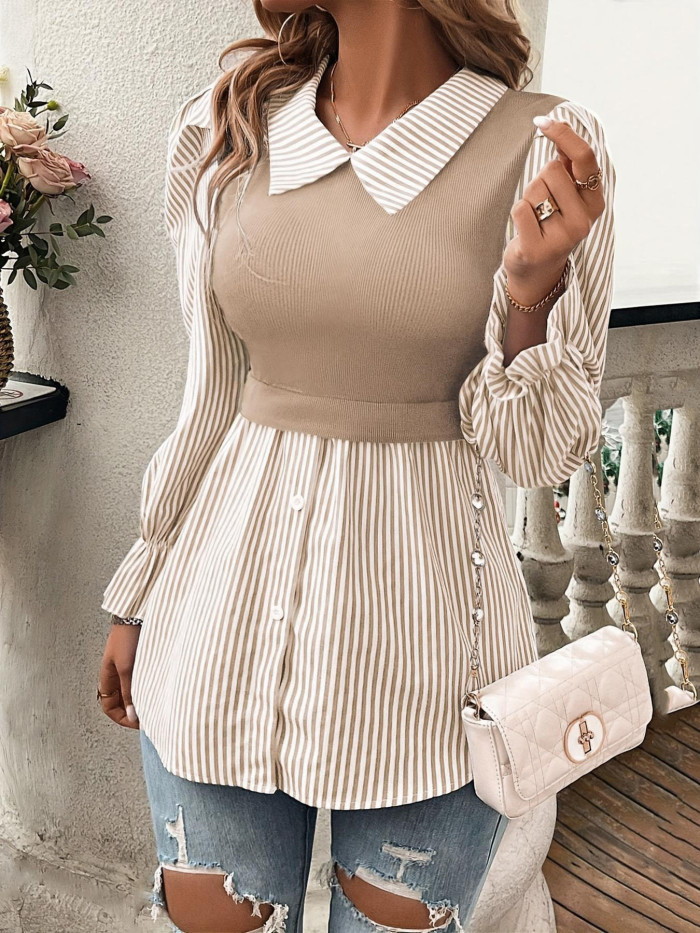 Colorblock Stripe Patchwork Blouse 🌼 | Autumn Fake Two-Piece Loose Top
