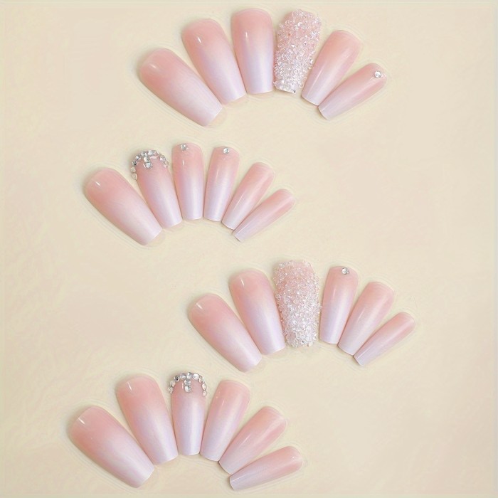 Pink & White Gradient Ballet Nails 💗 | Glossy Long Press-On Set with Sparkle Design