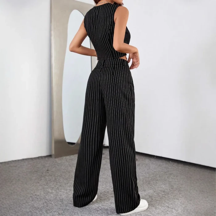 Retro Striped Two-Piece Set 🌸 | Elegant V-Neck Blazer & Pants Outfit