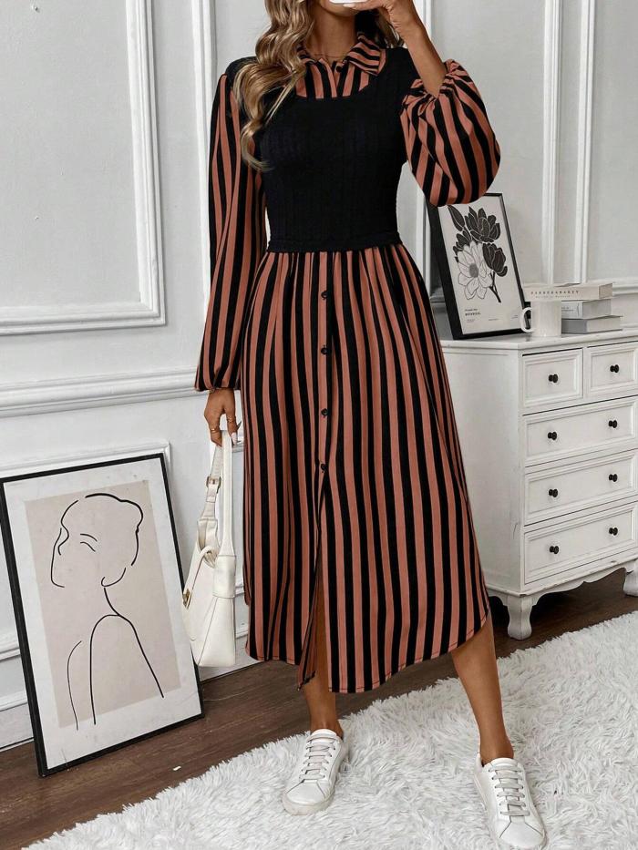 Striped Shirt Dress 💫 | Chic Fake Two-Piece Slim Fit Outfit for Women