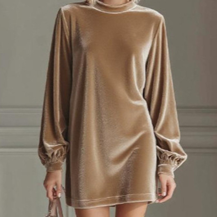 ✨ Velvet Long-Sleeve Mini Dress – Elegant Round Neck Soft Draped Party Style