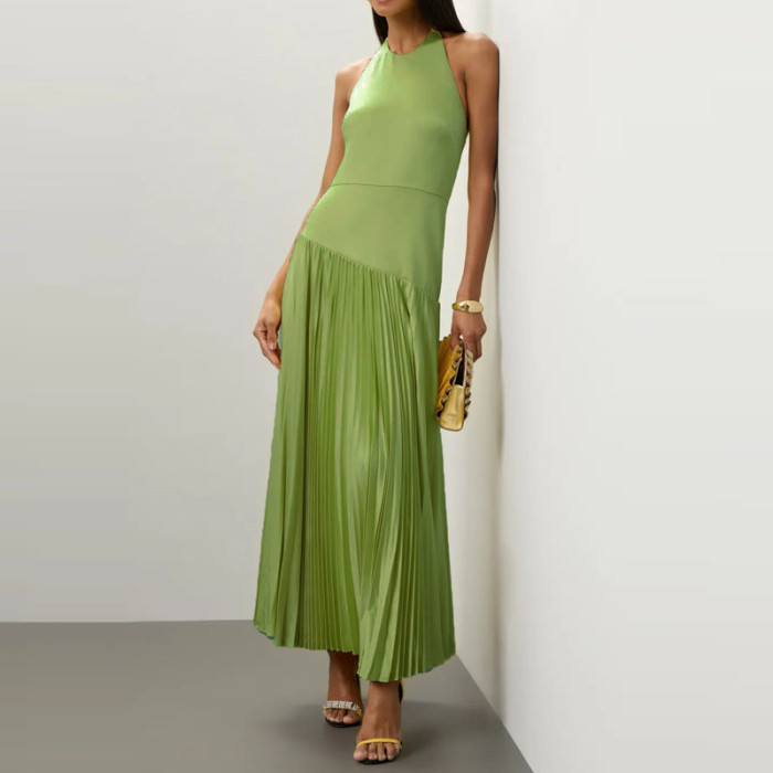 Fashion Hight Waist Pleat Party Dress Sexy Hanging Neck Design Solid Long Dress Elegant Sleeveless Backless Hollow Women's Dress