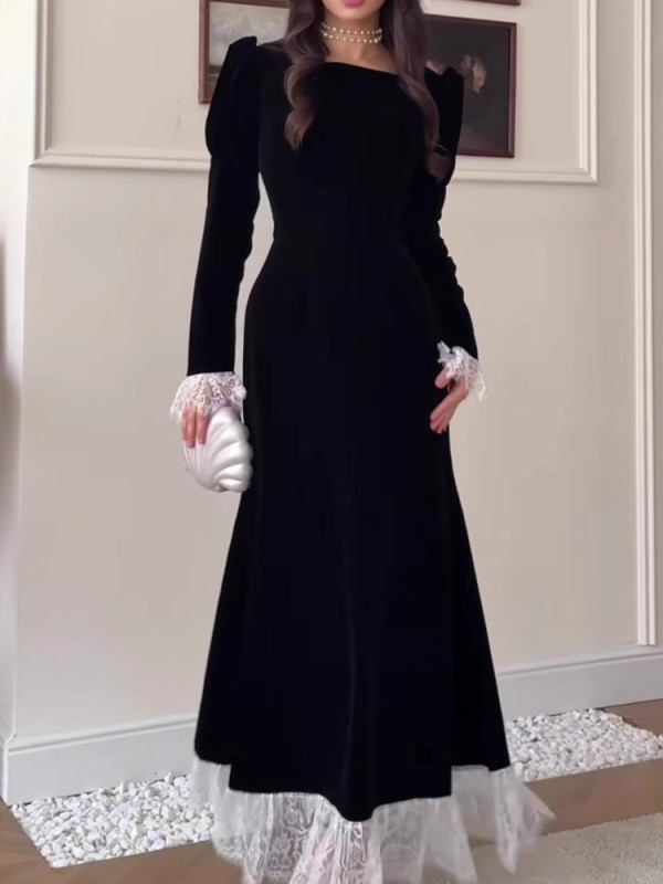 ✨Autumn Velvet Lace-Trim Long Dress – Elegant Square Neck, Long Sleeves & Slim Waist Party Gown