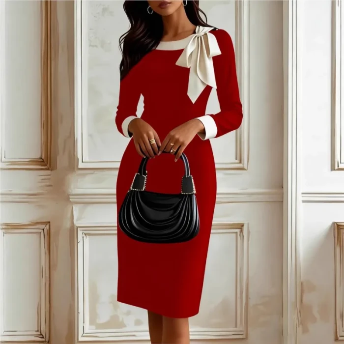Sexy Elegant Slim Bodycon Hips Dress Bowknot O Neck Long Sleeve Patchwork Solid color Dresses Fashion Evening Party Knee Dress