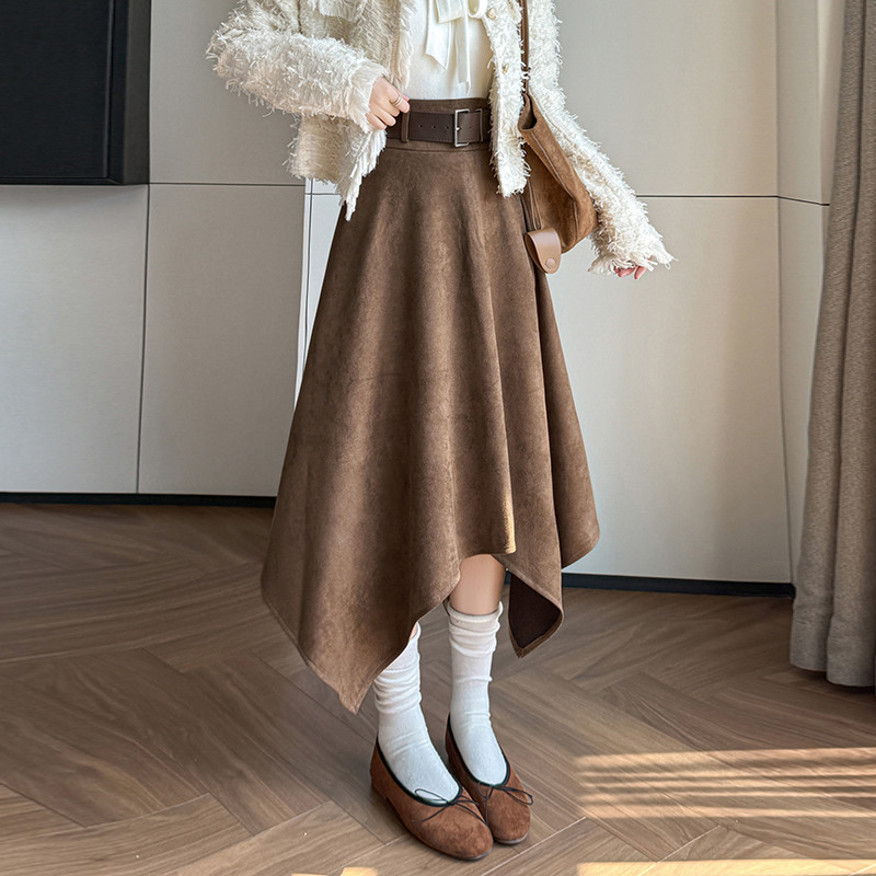 Vintage Suede Skirts For Office Ladies Casual Loose  High Waist Midi Skirt 2025 Autumn Women Elegant L193
