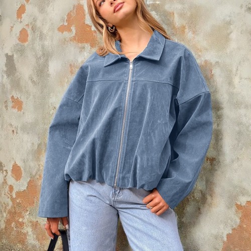 New Women Zipper Jacket Chic 2025 Autumn Female Turn-down Collar Casual Long Sleeve Loose Coats Ladies J192