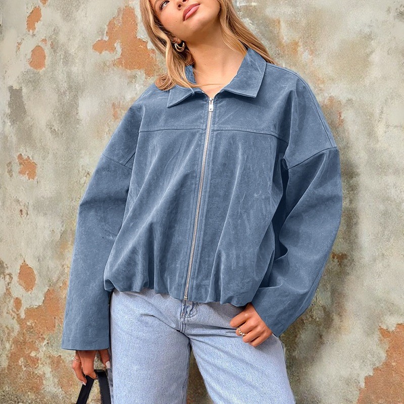 New Women Zipper Jacket Chic 2025 Autumn Female Turn-down Collar Casual Long Sleeve Loose Coats Ladies J192