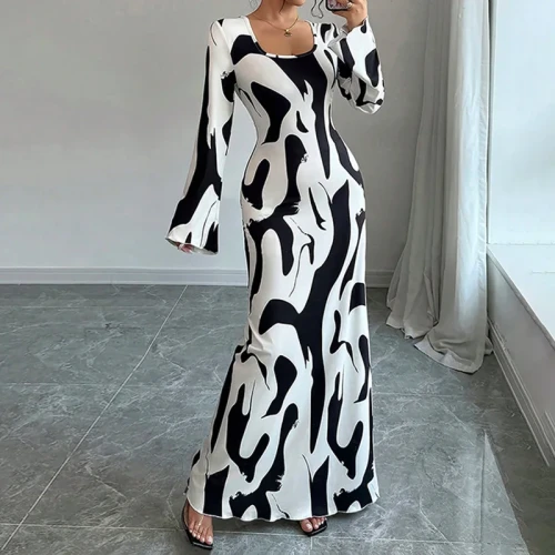 2025 Autumn New Daily Party Women's Long Dress Fashion Printed U Neck Long Sleeve Back Tie Waist Dress Hot Style Elegant Vestido