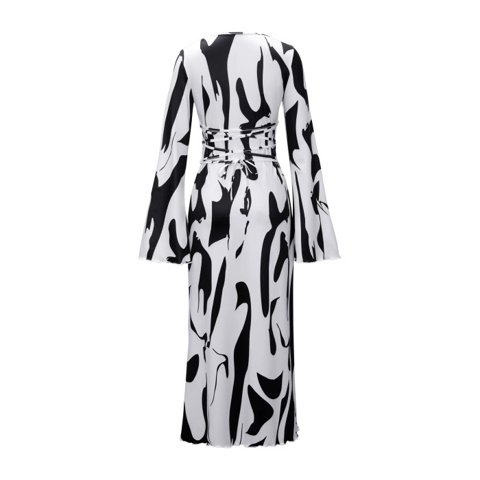 2025 Autumn New Daily Party Women's Long Dress Fashion Printed U Neck Long Sleeve Back Tie Waist Dress Hot Style Elegant Vestido