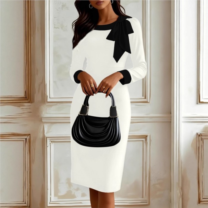 Sexy Elegant Slim Bodycon Hips Dress Bowknot O Neck Long Sleeve Patchwork Solid color Dresses Fashion Evening Party Knee Dress