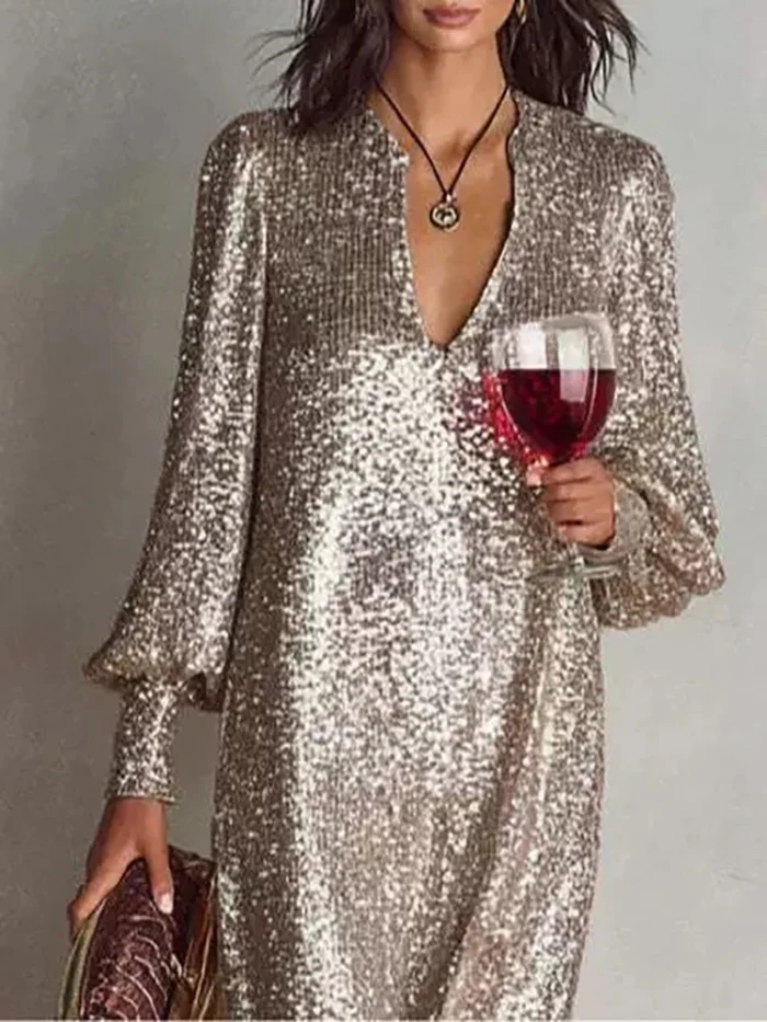 ✨ Shiny Sequin V-Neck Maxi Dress | Elegant Long-Sleeve Autumn Party Look 💫