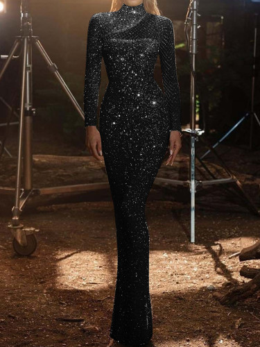 Elegant Hollow Out Shiny Wedding Long Dress Fashion Stand Collar Long Sleeve Gowns Dress Women Casual Long Sleeve Bodycon Dress