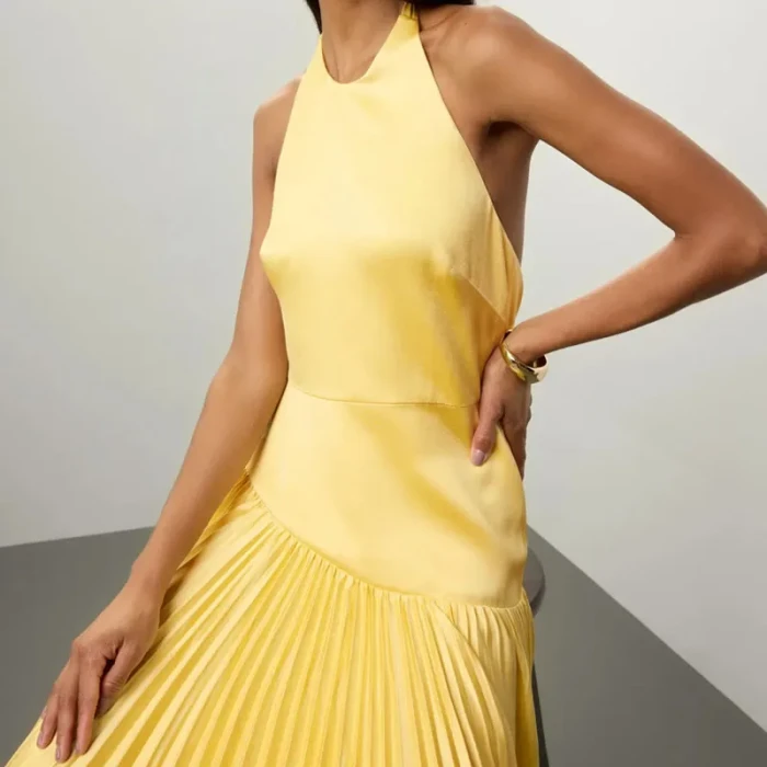 Fashion Hight Waist Pleat Party Dress Sexy Hanging Neck Design Solid Long Dress Elegant Sleeveless Backless Hollow Women's Dress