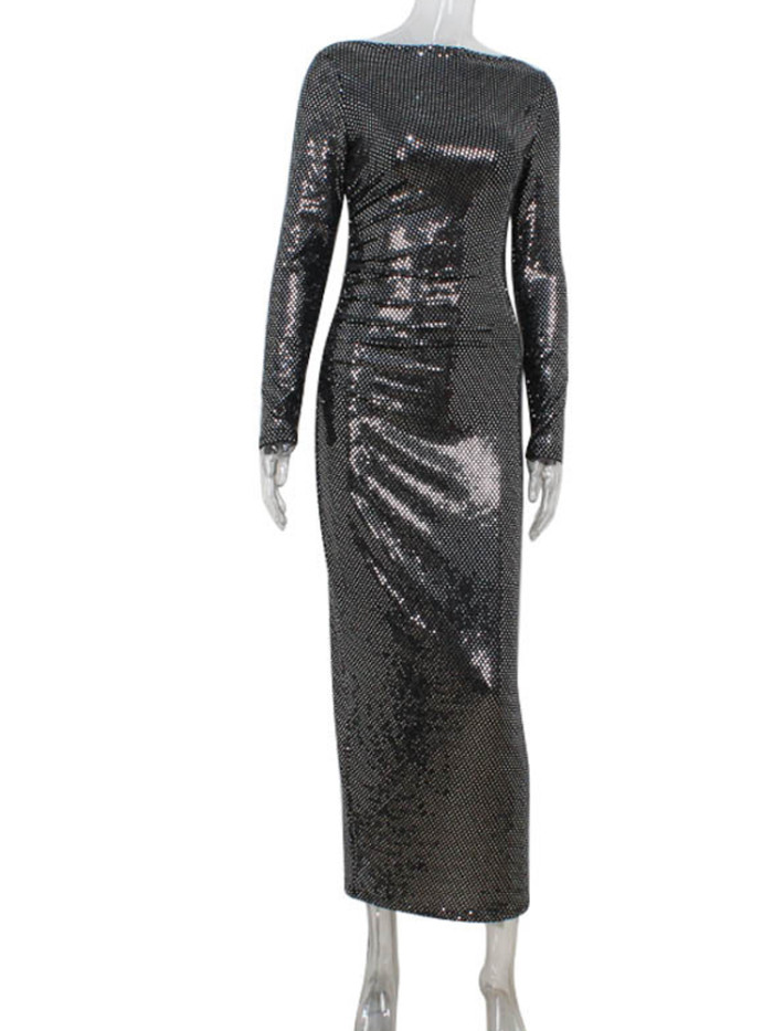 Elegant O-neck Long Sleeve Wrap Hip Dress Casual Hight Waist Draped Long Dress Women's Fashion Shiny Sequins Club Party Dresses