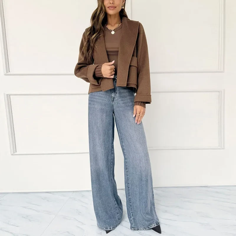 Simple Fashion Solid Soft Wool Coat Woman Lapel Collar Open Stitch Cardigan Top Fall Winter Long Sleeve Pocket Jacket Outerwears