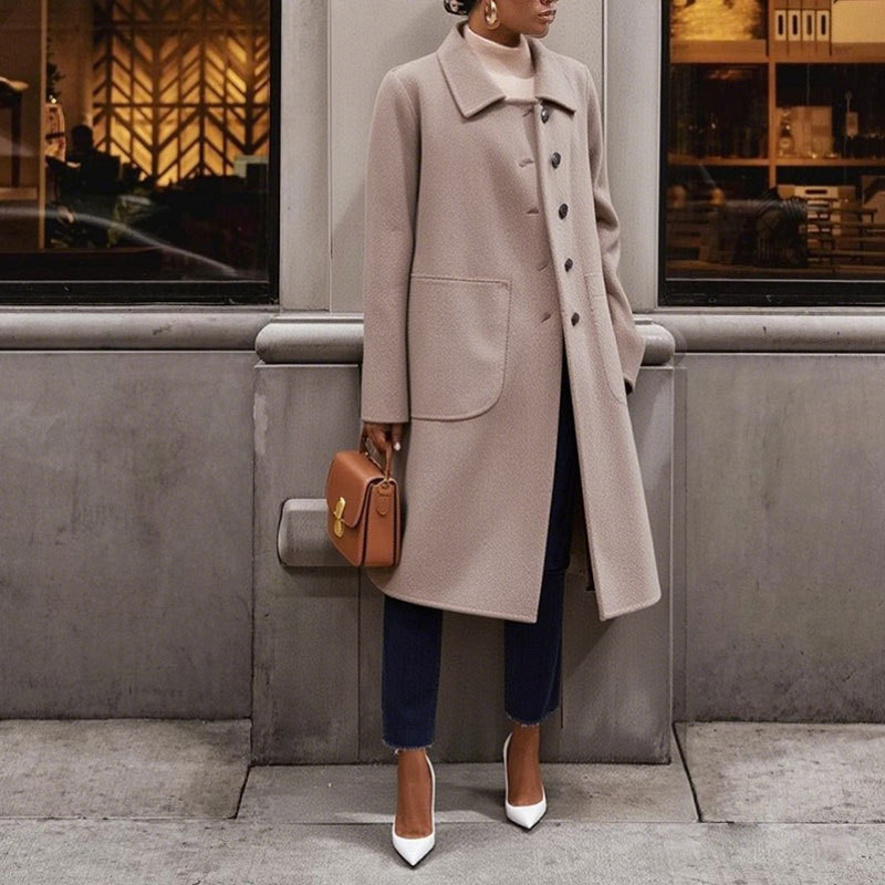 Elegant OL Commute Style Coat Women Fashion Lapel Button Thick Mid Length Jacket Casual Long Sleeve Solid Color Pocket Overcoat