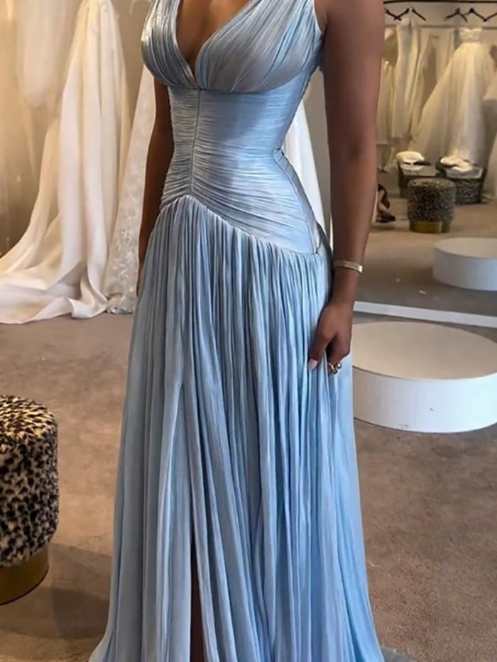 Sexy Sleeveless Solid Long Dress Elegant Deep V-neck Draped Evening Party Dress Women's Fashion Pleated Hight Waist Gowns Dress