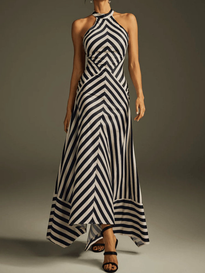 Elegant Halter Sleeveless Evening Long Dress Women's Sexy Backless Hollow Out Party Dress Fashion Striped Print Slim Gowns Dress
